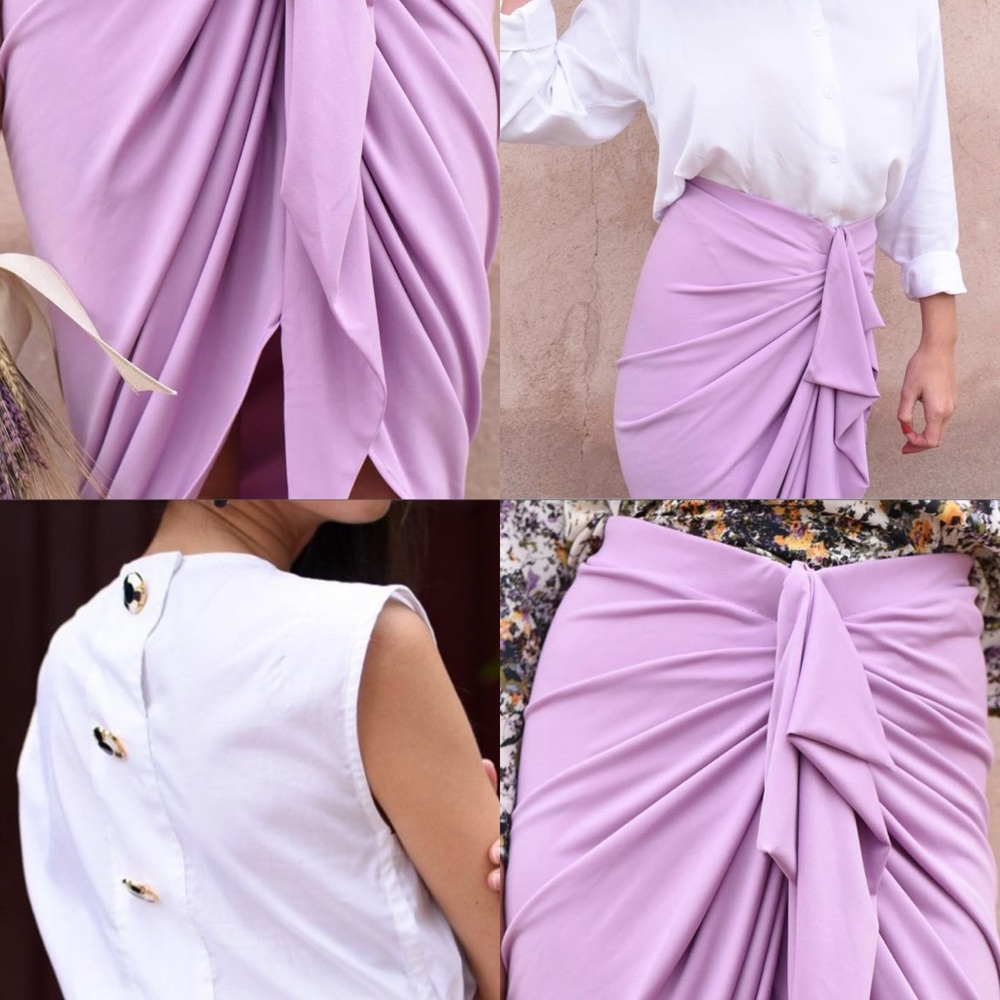 Draped Lilac Knot-Front Pencil Skirt